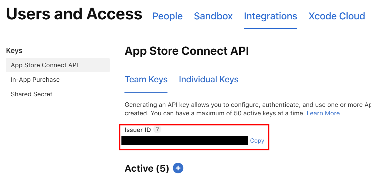 App Store Connect API key creation start