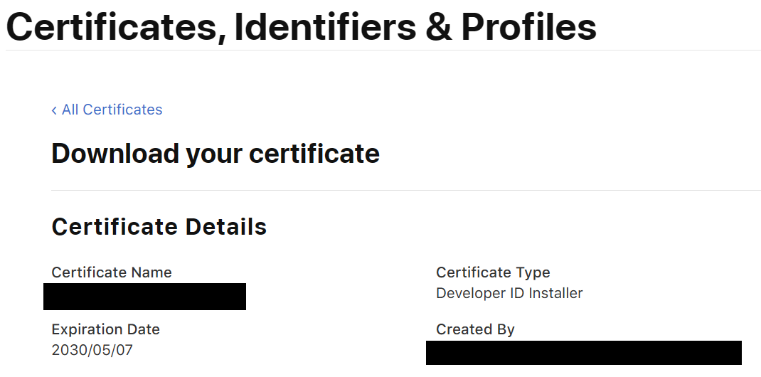 Download Developer ID Installer certificate