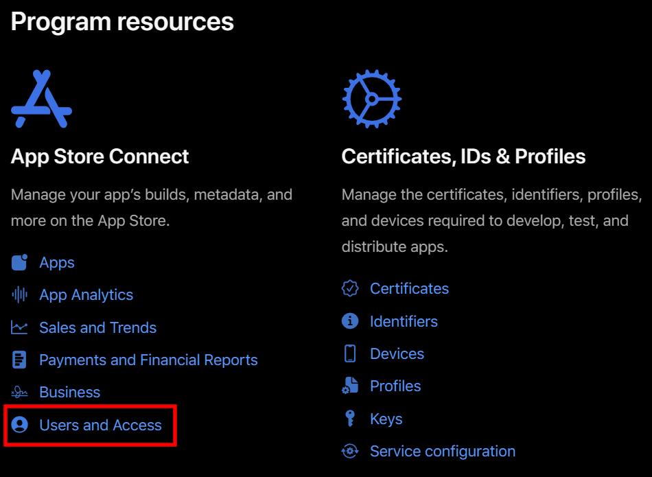 Apple Developer Portal landing page - users and access