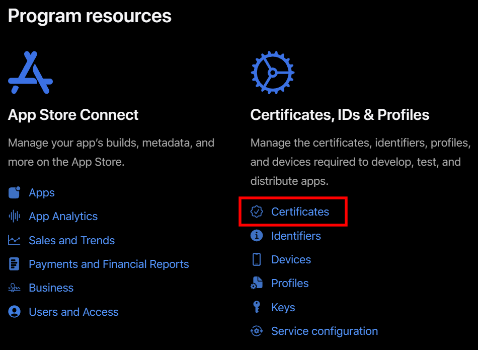 Apple Developer Portal landing page - certificates